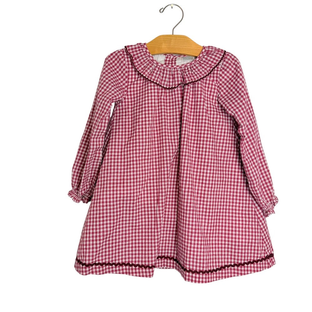 Edgehill Collection Girls Red Gingham Ric Rac Ruffle Collar Dress 4T Long Sleeve